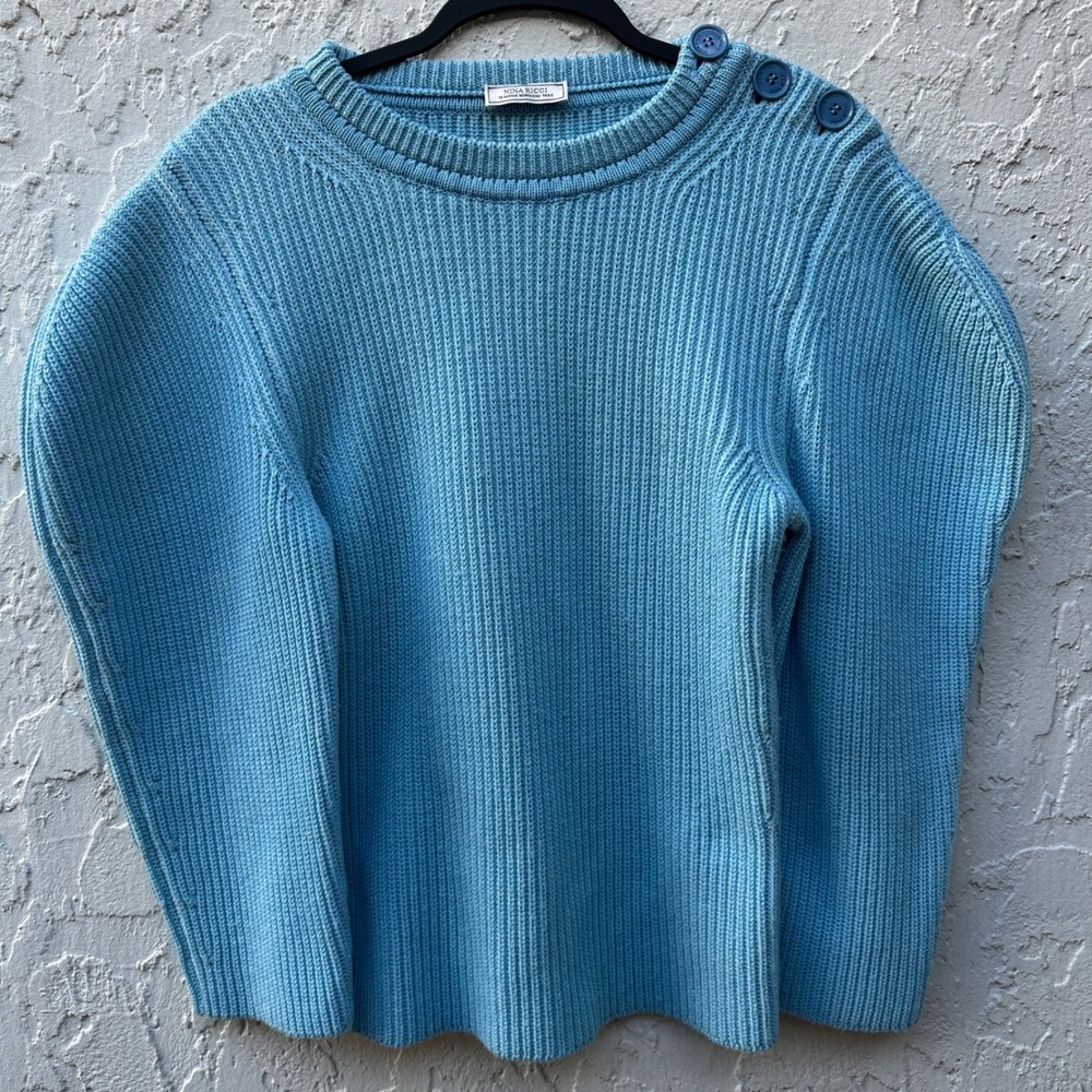 Nina Ricci Cotton Wool Ribbed Puff Sleeve‎ Button Shoulder Sweater Women Small